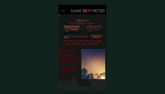Dark Sky Meter IAU app screen