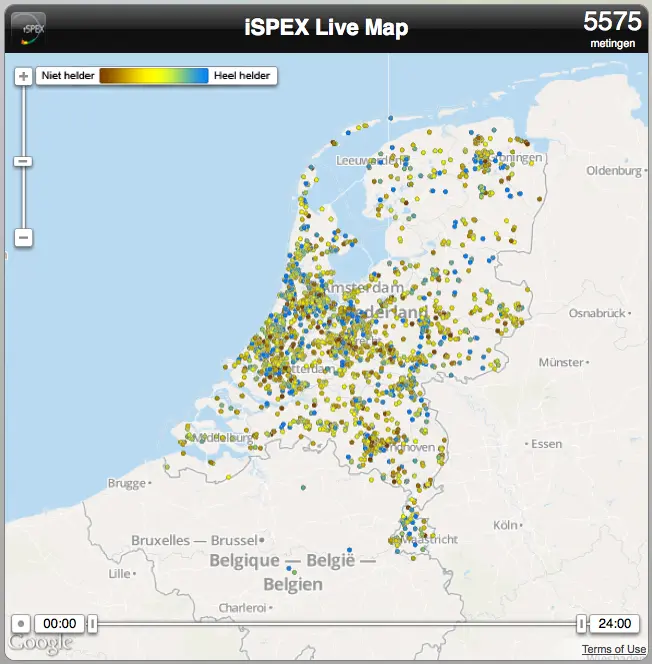 Live map of thousands of iSPEX1 air-quality measurements across the Netherlands