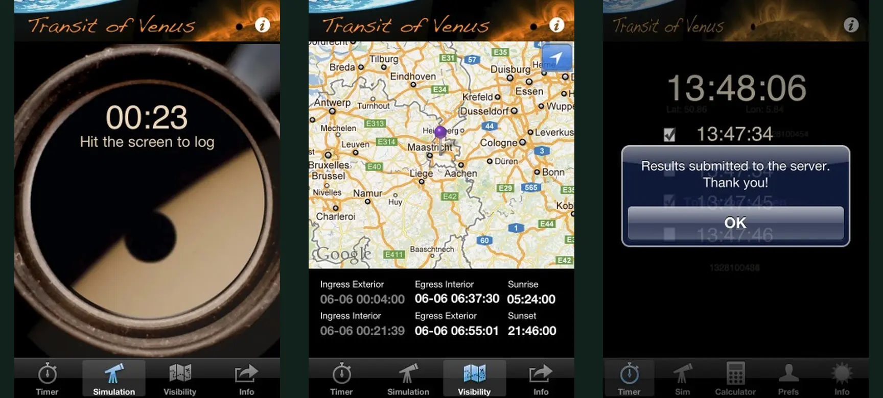 Three screens from the Transit of Venus mobile app showing timing, simulation and result submission