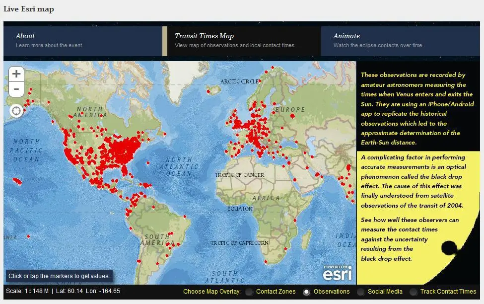 Map showing Transit of Venus measurements submitted from around the world